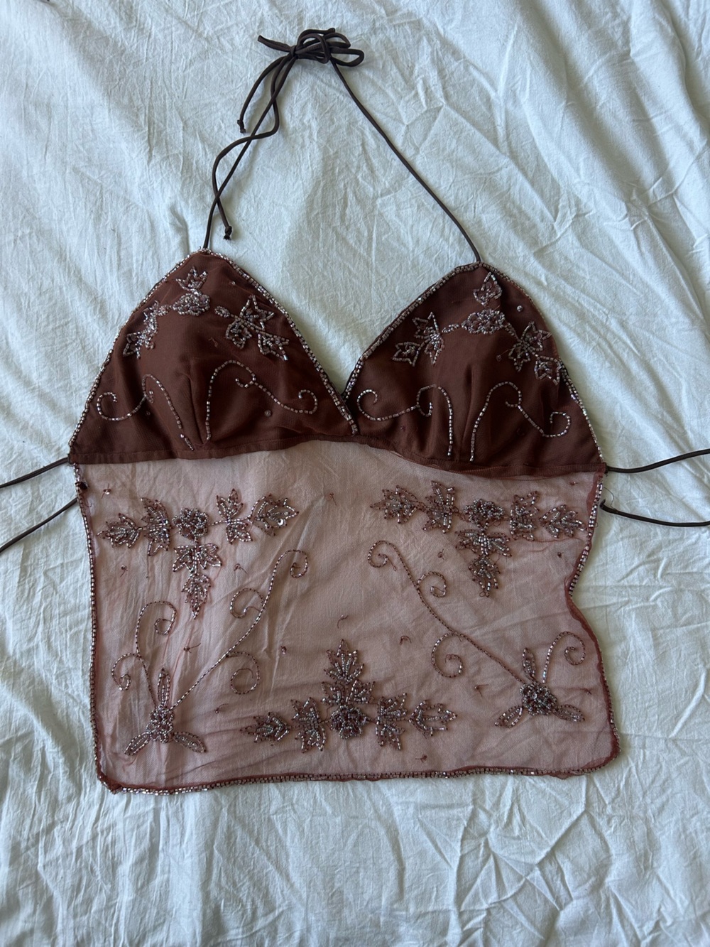 Y2K Brown Beaded Halter Top By Speed Limit NYC - Picture 2 of 10
